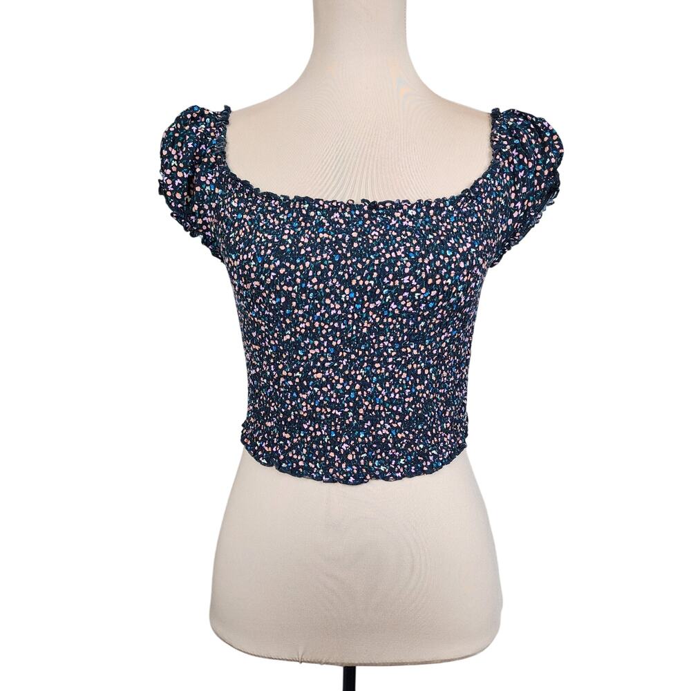 Black Stretchy Smocked Floral Crop Top